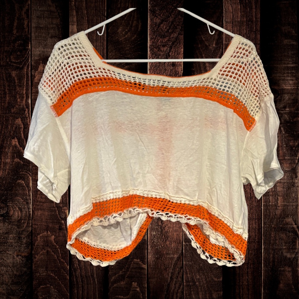 Free People White and Orange Crochet Crop Top